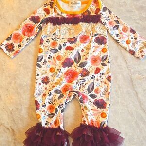 MARIE NICOLE Floral Long Sleeve Baby Romper with Ruffle Details